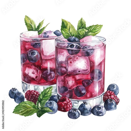 Ice‑cold berry drinks with mint garnish, watercolor illustration, isolated on a white background.

