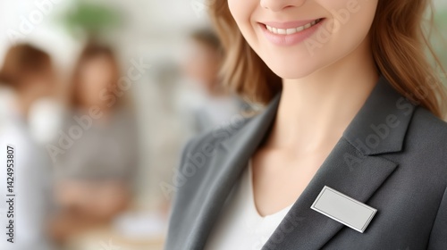 A blank silver metal nameplate pinned on the lapel of blazer worn by a businesswoman in a modern office.