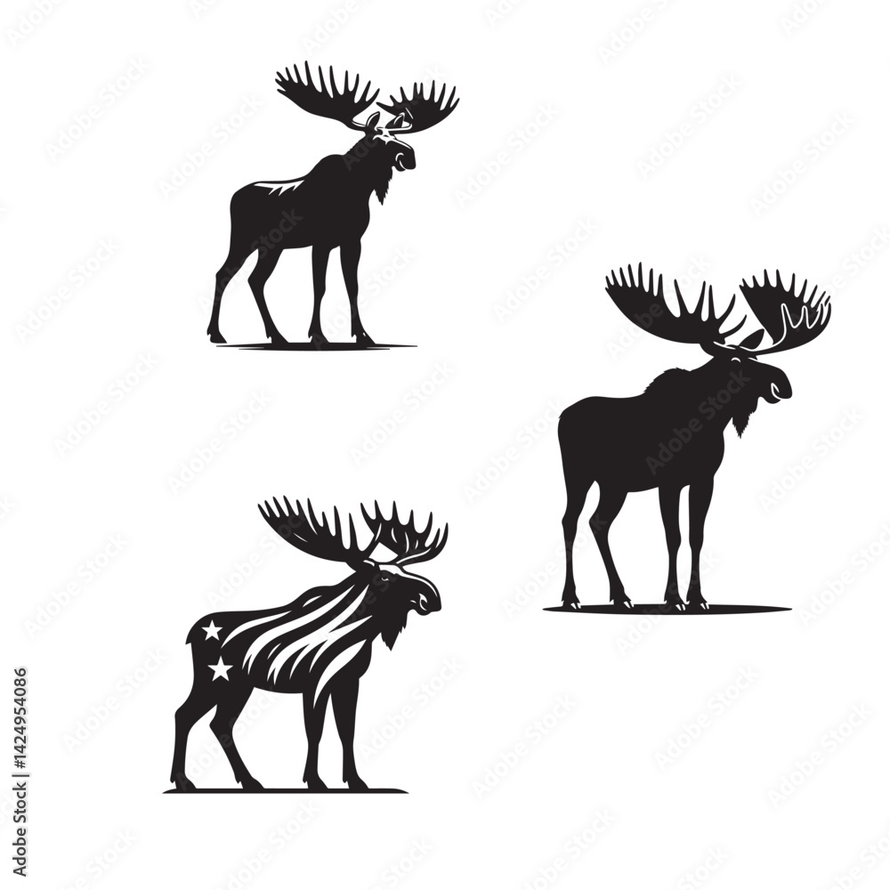 Fototapeta premium Moose Standing Silhouette – Black and White VectorVector Moose Pose – Minimalist Standing IllustrationStanding Moose Art – Wildlife Silhouette Set