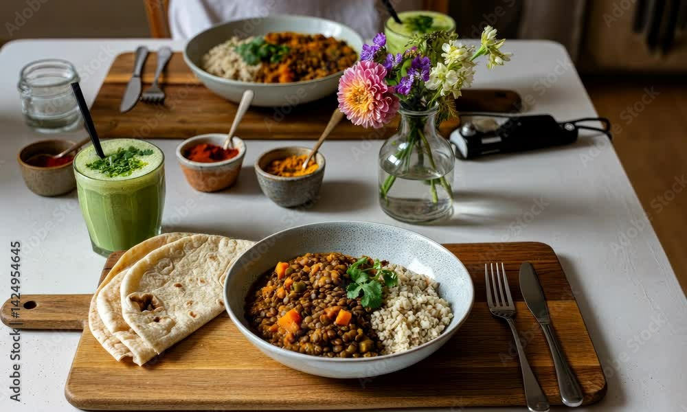 Vegetarian lunch with lentil curry, rice, and naan Vegetarian lunch with lentil curry, rice, and naan