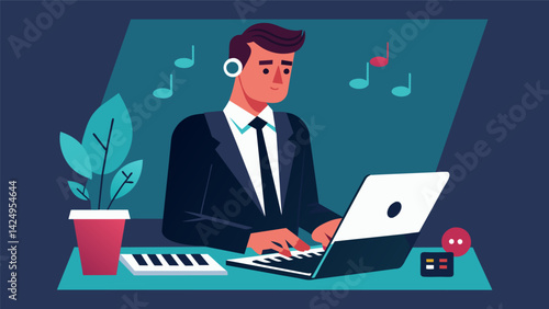A man in a suit and tie furiously typing on his laptop and occasionally looking up to nod along to the electronic beats blasting through the speakers. Vector illustration