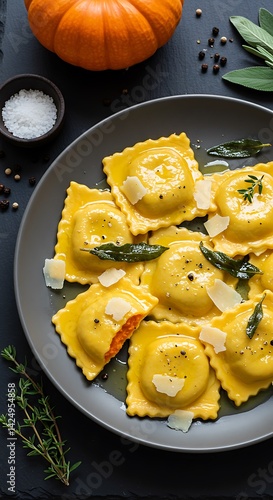 Homemade pumpkin ravioli with sage butter sauce, parmesan shavings, and cracked black pepper, plated on a dark slate, steam rising, winter herbs garnish