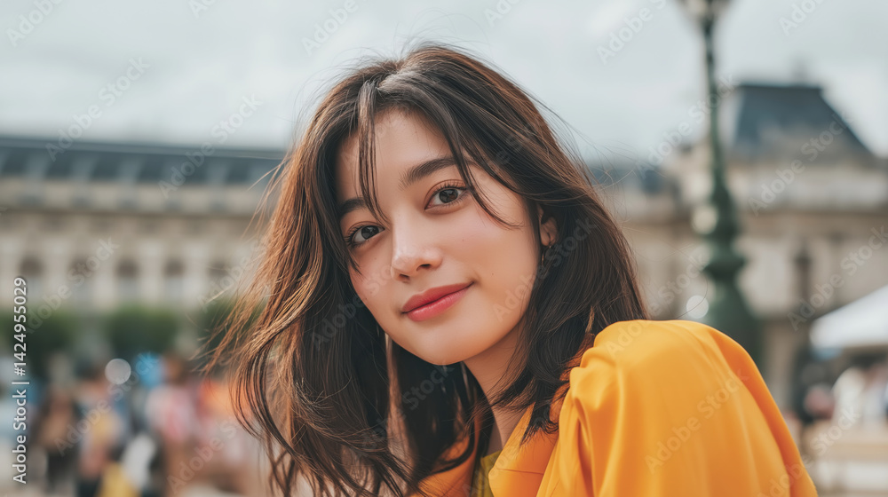 Young woman enjoys a sunny day in urban park wearing bright yellow top surrounded by historic architecture and lively crowd.