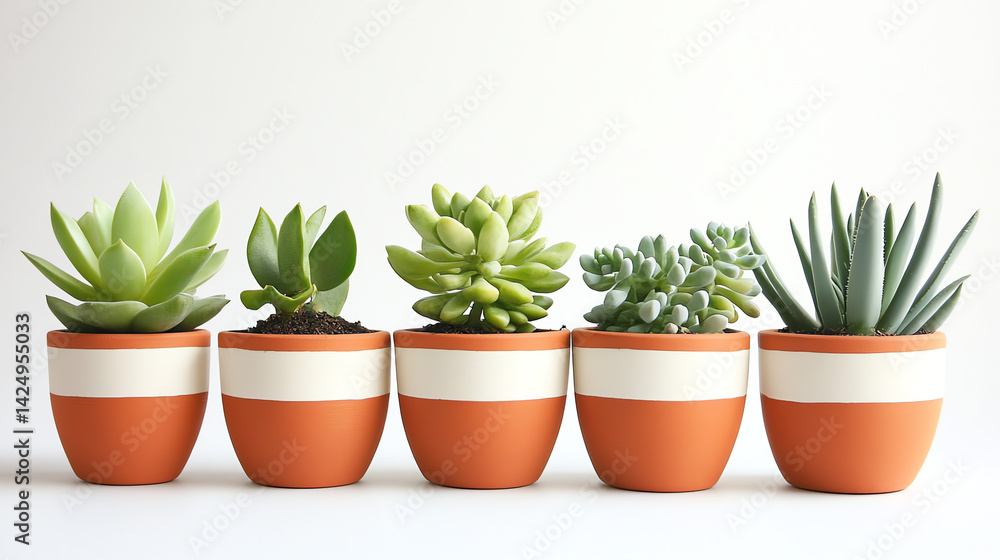 A charming set of small terracotta pots with white and sage green accents, each holding vibrant succulents or cacti. Perfect for minimalist indoor gardens, home decor, or plant lovers. Stylish A charming set of small terracotta pots with white and sage green accents, each holding vibrant succulents or cacti. Perfect for minimalist indoor gardens, home decor, or plant lovers. Stylish