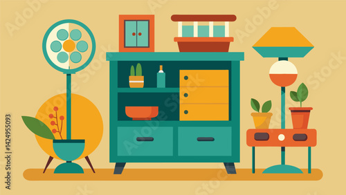 A display of unique upcycled furniture catches the eye showcasing the beauty of giving new life to old items.. Vector illustration