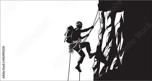Rock Climber Ascending Mountain Cliff With Climbing Rope Black And White Illustration
