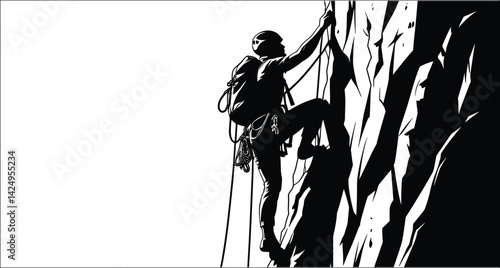 Black And White Vector Illustration Of Man Climbing Rock Wall Adventure Concept