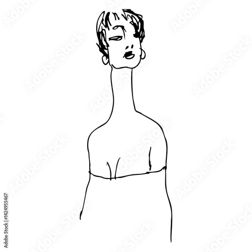 Sexy young woman with long neck wearing a low neckline strapless décolletage dress. Pretty lady. Hand drawn linear doodle rough sketch. Black and white silhouette.