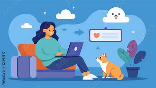 A pet owner sharing a hilarious photo of their pet lounging in front of a live stream through a cloudbased pet monitoring app.. Vector illustration