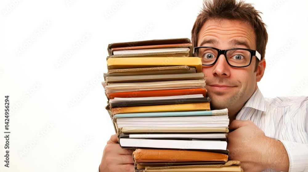 Professional with Stack of Files on White Background Professional with Stack of Files on White Background