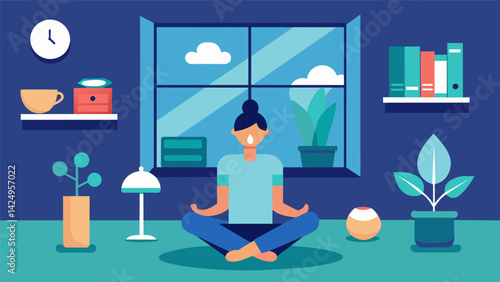 A quiet room promoting wellness and mental health featuring a variety of guided meditation and yoga videos available for employees during their. Vector illustration