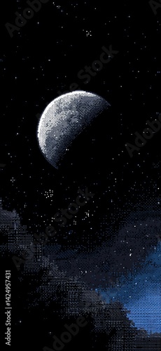 Pixel Art Crescent Moon and Starry Night Sky with Clouds Scenery