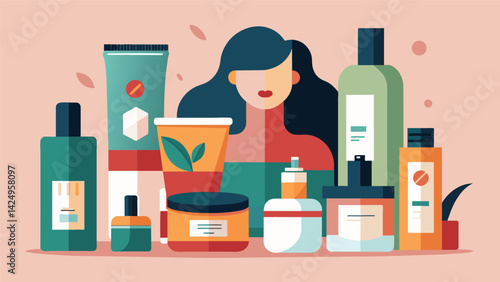 A display of vintage face creams and lotions made with natural ingredients and housed in elegant jars contrasted with contemporary skincare products. Vector illustration