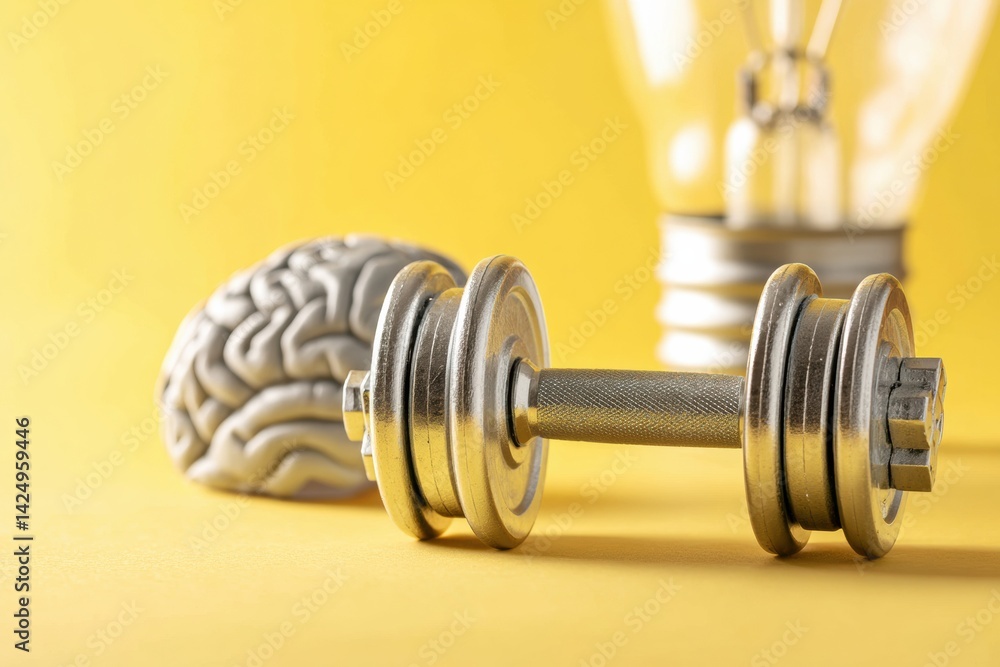Brain Engaged in Mental Training With Dumbbells Set Against a Bright Yellow Background for a Motivational Boost in Fitness and Mental Health Brain Engaged in Mental Training With Dumbbells Set Against a Bright Yellow Background for a Motivational Boost in Fitness and Mental Health
