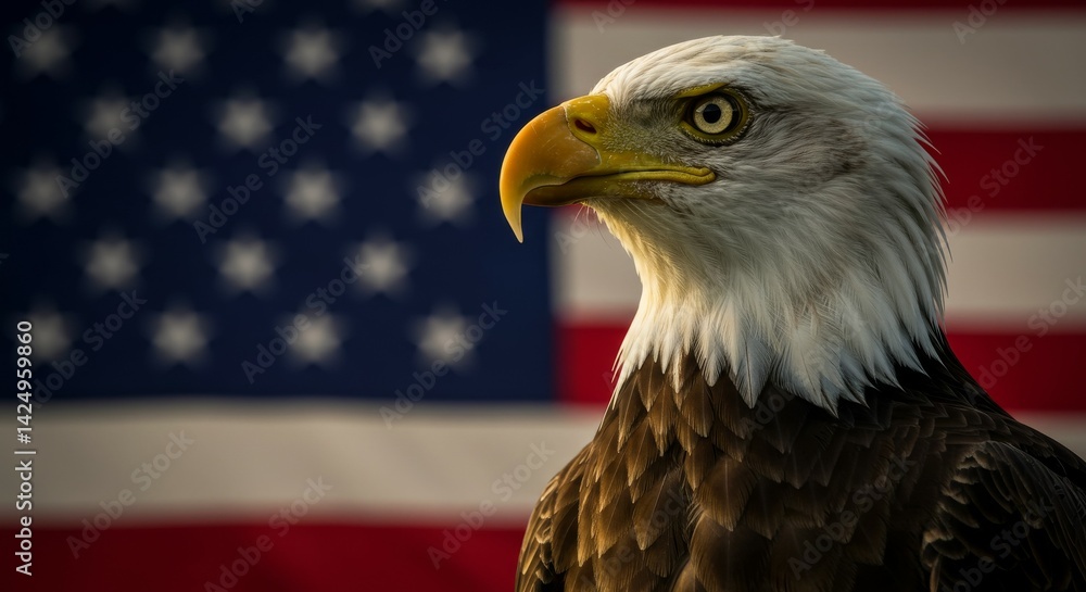 Naklejka premium Majestic Bald Eagle Profile Against American Flag