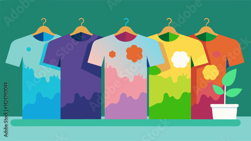A display of handpainted and dyed tshirts showcasing the artistry of sustainable fashion and encouraging individual expression through ethical. Vector illustration