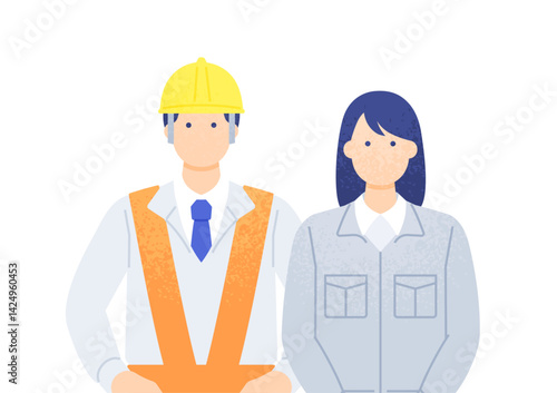 反射ベルトを着用し現場で働く男性。営業所勤務の女性。作業着を着た男女のイラスト素材。
