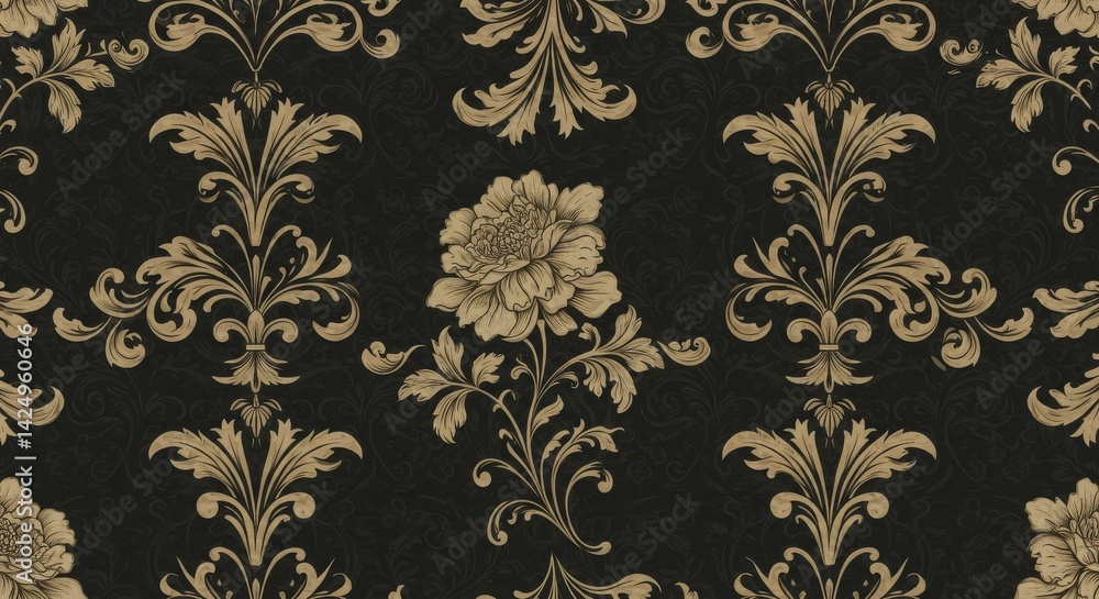 Ornate Black and Gold Damask Pattern with Detailed Floral Motifs Ornate Black and Gold Damask Pattern with Detailed Floral Motifs