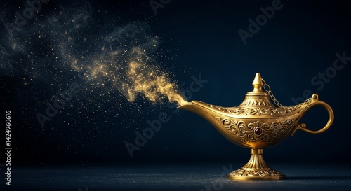 Ornate Golden Aladdin Lamp with Sparkling Magic on Dark Backgrou