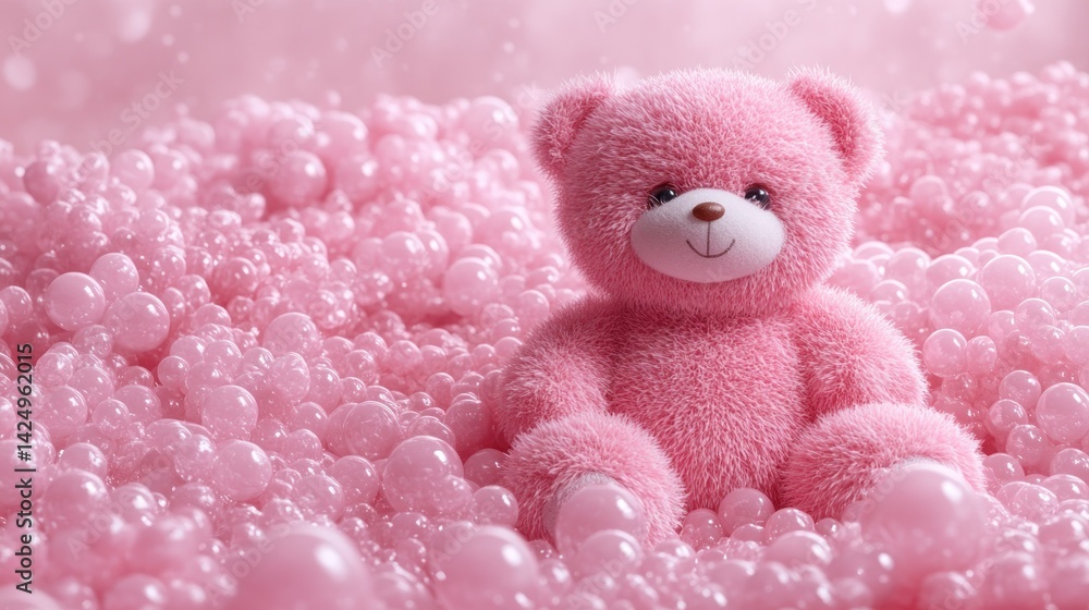 Fototapeta premium Pink teddy bear in a bubble bath