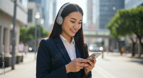 Smiling Businesswoman in City Using Smartphone and Headphones