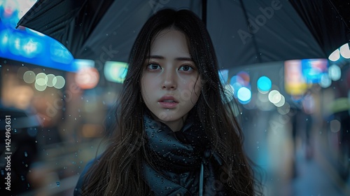 A girl walks down the street with an umbrella in rainy weather.