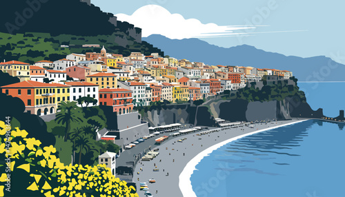 Coastal Italian Village Art_Print_Scenic View of Monterosso al Mare Cinque Terre_Travel Destination_Mediterranean Sea_Hillside Homes_Beach and Turquoise Water_Vector Illustration