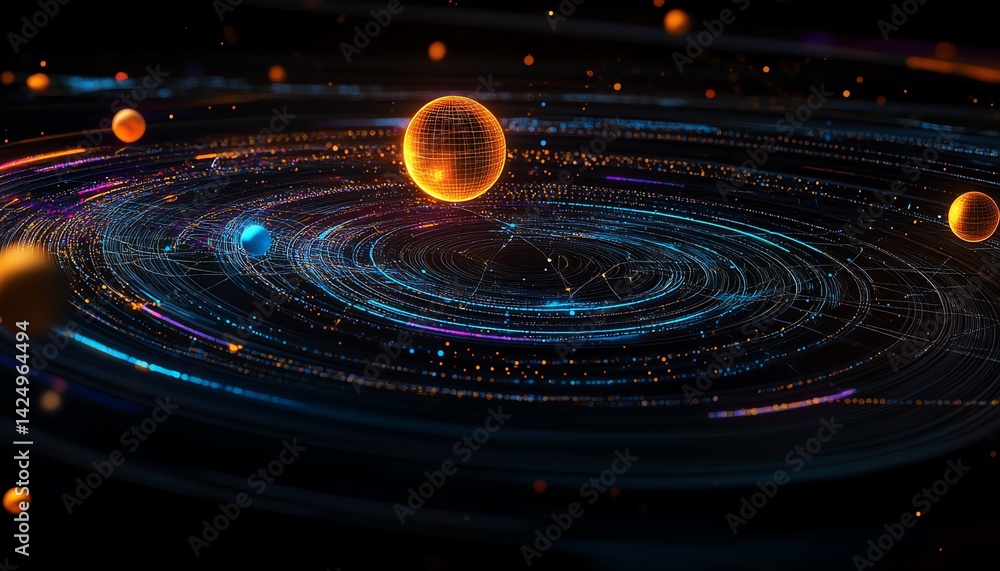 Rendering Digital Spiral Galaxy with Glowing Orbits and Grid Sphere Rendering Digital Spiral Galaxy with Glowing Orbits and Grid Sphere
