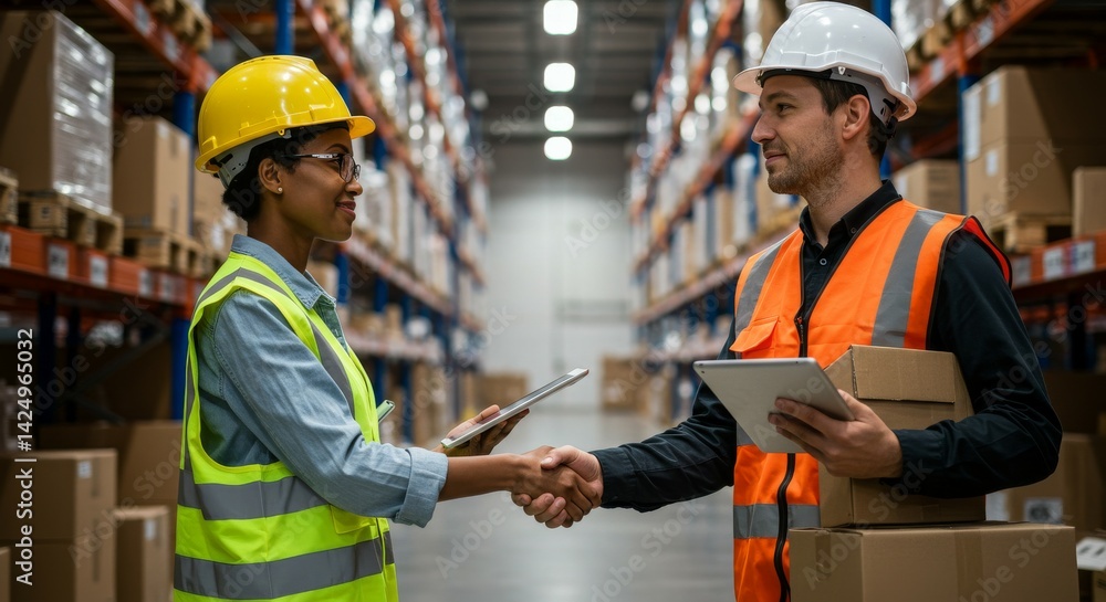 Warehouse Workers Handshake Agreement with Tablets Amidst Invent Warehouse Workers Handshake Agreement with Tablets Amidst Invent