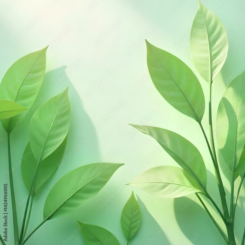 Naklejka premium Bright and natural photo of green leaves with soft shadows against a pastel green background. Perfect for eco-friendly themes, wellness content, organic product branding, or spring visuals.