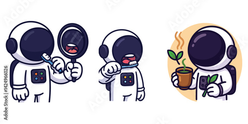 Astronaut sick, sneezing, and holding herbal drink