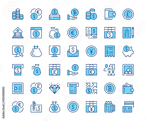 Money icons. Vector line icon set. Modern outline design. Blue concept