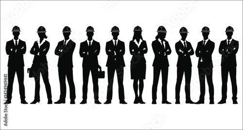Silhouettes Of Civil Engineers And Architects Standing Together In A Row Teamwork
