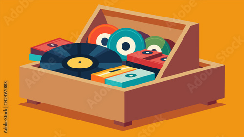 A beautiful handcrafted wooden box filled with pieces of records waiting to be assembled into a complete puzzle of a fictional rock bands hit single. Vector illustration