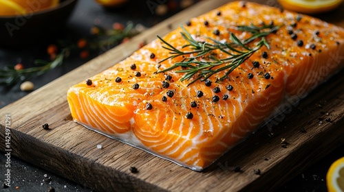 Raw salmon fillet seasoned with peppercorns and rosemary on a wooden board.