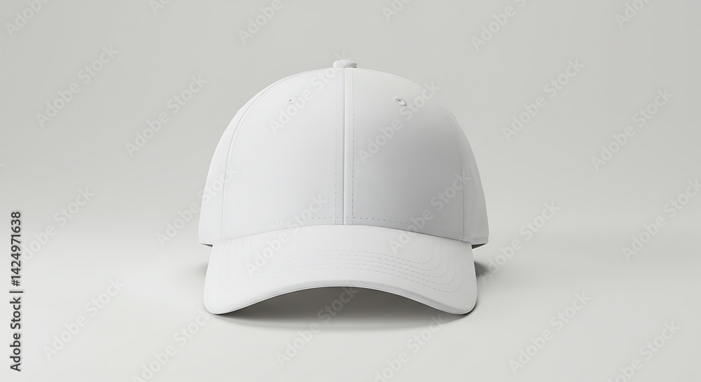 A plain white baseball cap sitting on a white surface in a studio setting with soft lighting A plain white baseball cap sitting on a white surface in a studio setting with soft lighting