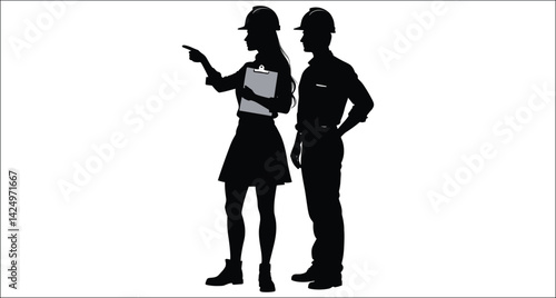 Silhouette Illustration Of Construction Workers Planning Vector Illustration On White Background