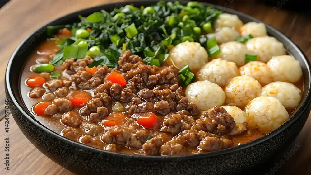 Hearty beef and rice bowl with vegetables Hearty beef and rice bowl with vegetables
