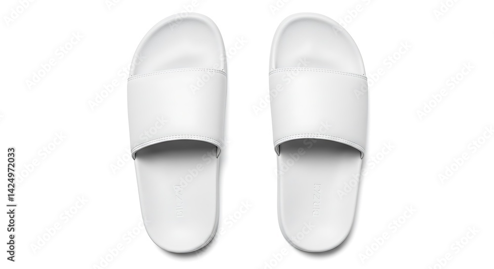 A pair of white slide sandals are positioned side by side on a plain white background in a top view angle A pair of white slide sandals are positioned side by side on a plain white background in a top view angle