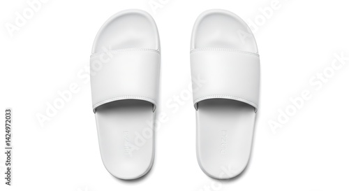 A pair of white slide sandals are positioned side by side on a plain white background in a top view angle