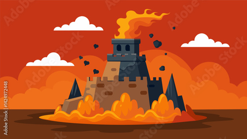 A sandcastle modeled after a deadly super volcano eruption with ash clouds and fiery lava flows spilling out..