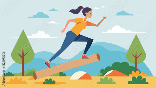Engaging your core and stability muscles by navigating across a series of balance beams and logs enjoying the thrill and excitement of an outdoor. Vector illustration