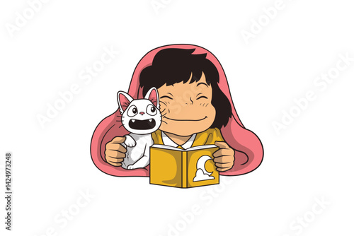 Child Reading a Book with Cute Cat Cartoon Style Vector Illustration