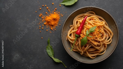 Fototapeta Naklejka Na Ścianę i Meble -  Overhead view of north american spiced fusion pasta noodles in minimalist style