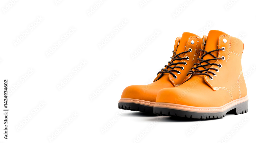 A pair of sturdy, orange work boots with black laces and rugged soles, designed for durability and comfort in various environments. A pair of sturdy, orange work boots with black laces and rugged soles, designed for durability and comfort in various environments.
