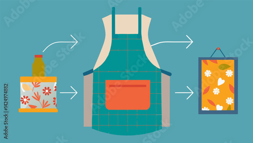 A DIY tutorial for turning a vintage linen apron into a trendy halfapron with a modern and vibrant print.. Vector illustration