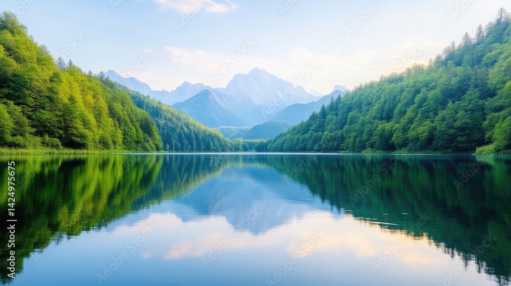 Serene Mountain Lake Lush Forests High-Definition Tranquil Wide Angle Mirror-Like Reflection Peaceful Serenity Calming Blue-Green Tones Ideal Travel Brochure extra details included Serene Mountain Lake Lush Forests High-Definition Tranquil Wide Angle Mirror-Like Reflection Peaceful Serenity Calming Blue-Green Tones Ideal Travel Brochure extra details included