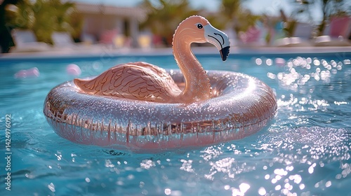 Pink flamingo pool float in blue water.