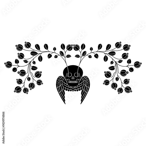 Two blooming branches with fruits sprouting from eye-sockets of a winged skull. Creative concept. Life and death. Memento mori symbol. Black and white silhouette.