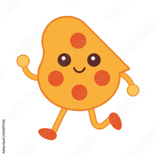 Kawaii-style pizza slice with big sparkling eyes, rosy cheeks, tiny smiling mouth, gooey cheese dripping with cute hearts on top, toppings shaped like stars, isolated on white background 